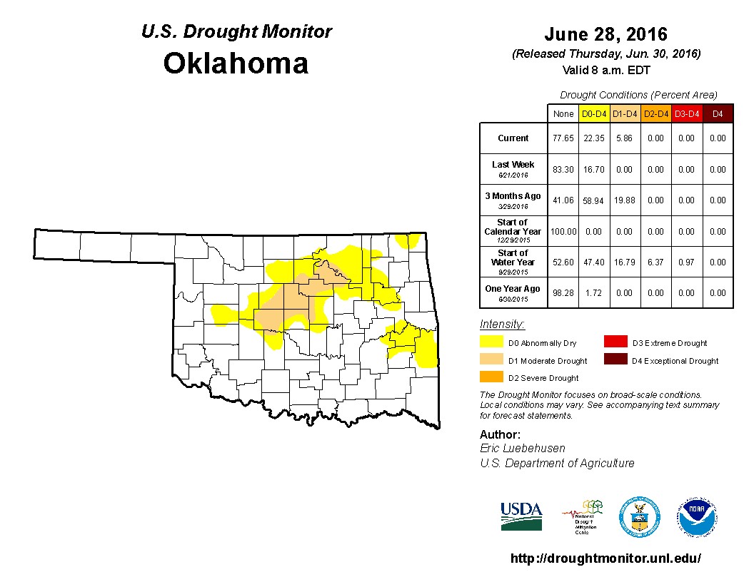 Drought Makes an End of Month Appearance in Central Through Northeastern Parts of Oklahoma