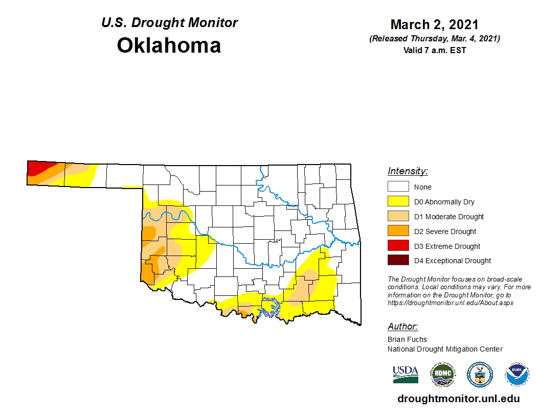Latest U.S. Drought Monitor Map Basically Unchanged But NOAA Expects a Dry Spring For Oklahoma