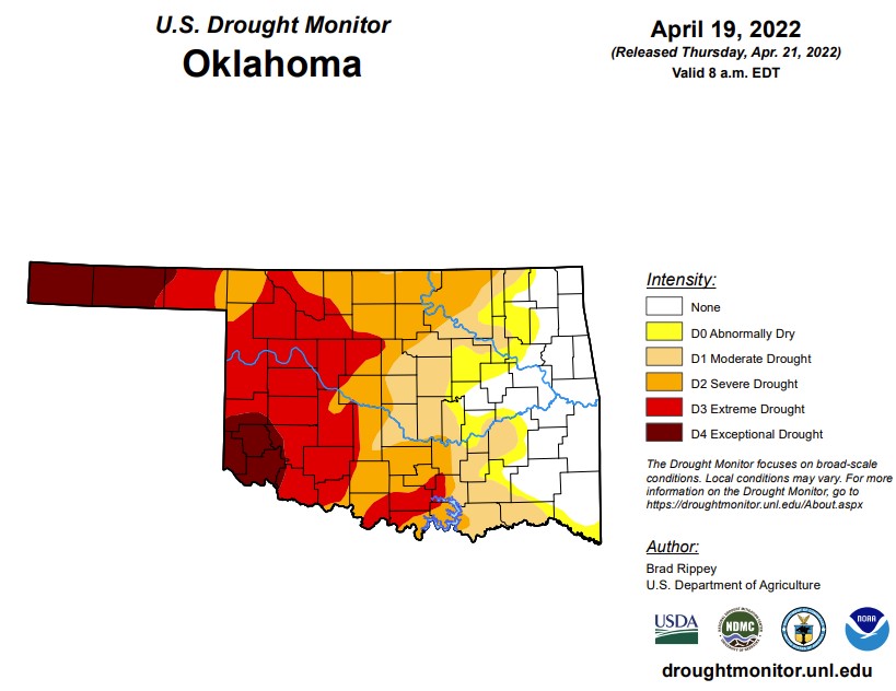 Latest Drought Monitor Shows Drought in Western Oklahoma Continues to Intensify