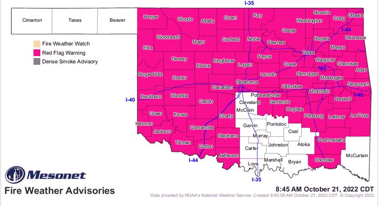 Red Flag Warning is in effect today from midday Across a broad area of Oklahoma