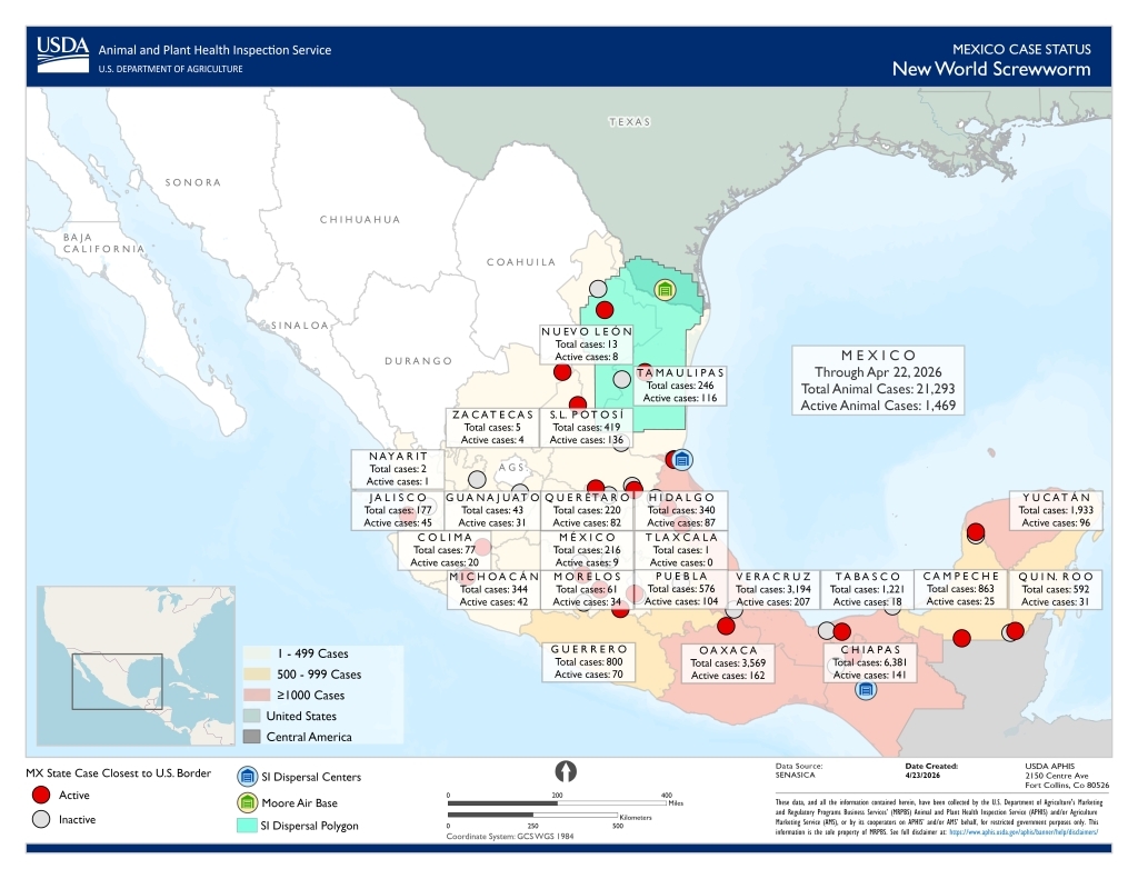 New World Screwworm Map of Active Cases- April 22nd