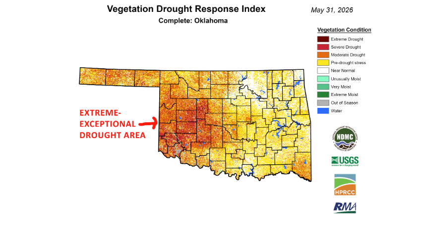 Space Imagery Reveals Severe Vegetation Stress Across Western Oklahoma as Flash Drought Tightens Grip